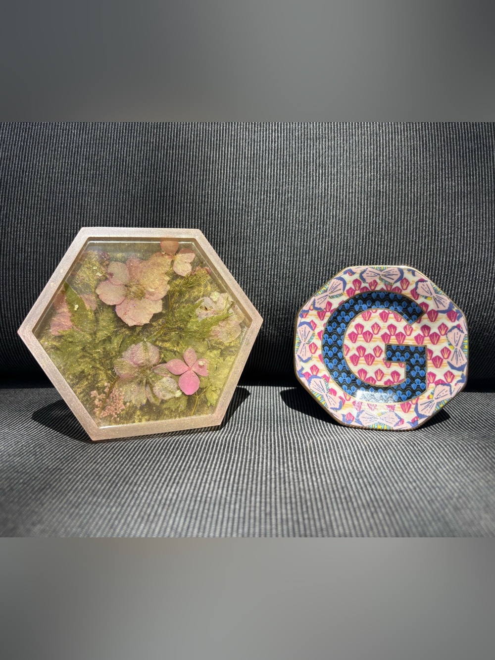 Lot of 2 Trinket Trays - Anthropologie Monogram and Pink Blossom Resin